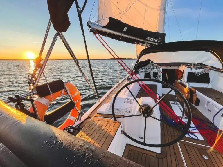 Cockpit of Czarci Ostrow, a Northman Maxus 34 sailboat at Sztynort, Poland