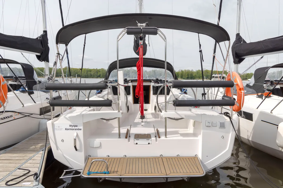 Deck of Czarci Ostrow, a Northman Maxus 34 sailboat at Sztynort, Poland