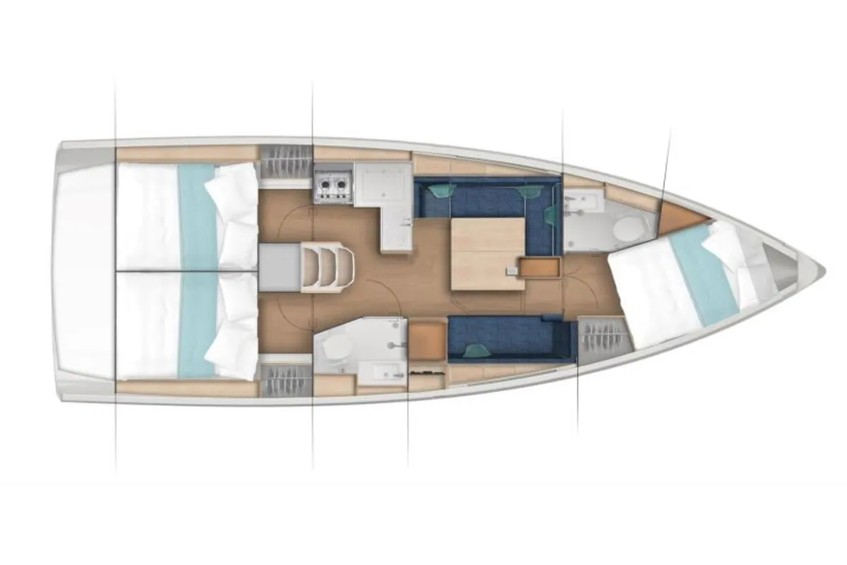 Floor plan of Giulietta e Romeo - Comfort line, a Jeanneau Sun Odyssey 380 sailboat at Salerno, Italy