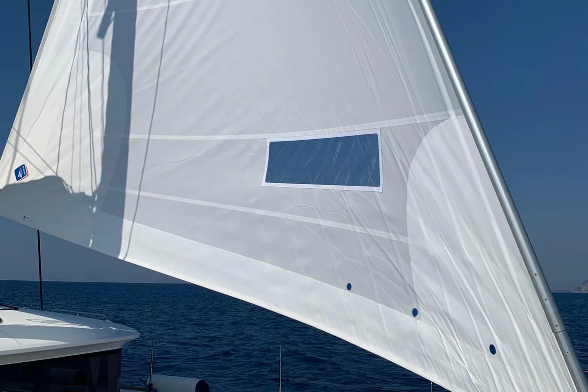 Exterior view of Rivincita, a Lagoon 450 catamaran at Olbia, Italy