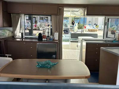 Salon of Rivincita, a Lagoon 450 catamaran at Olbia, Italy