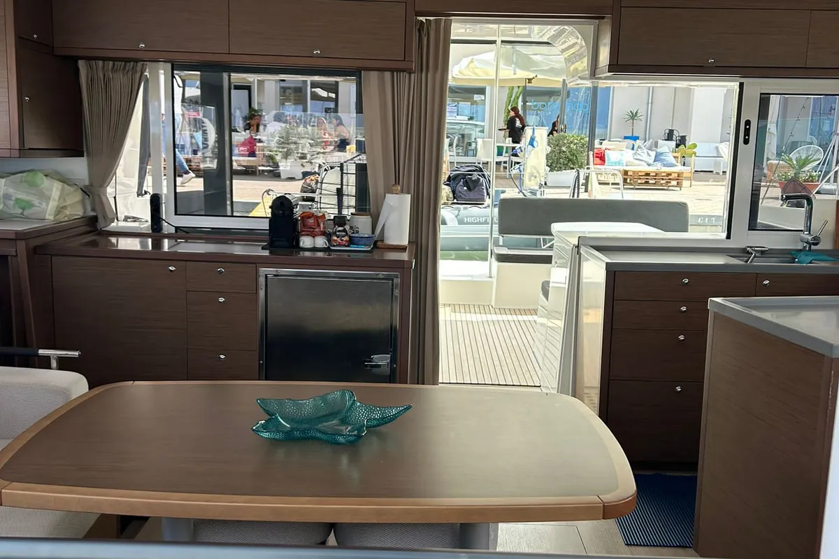 Salon of Rivincita, a Lagoon 450 catamaran at Olbia, Italy