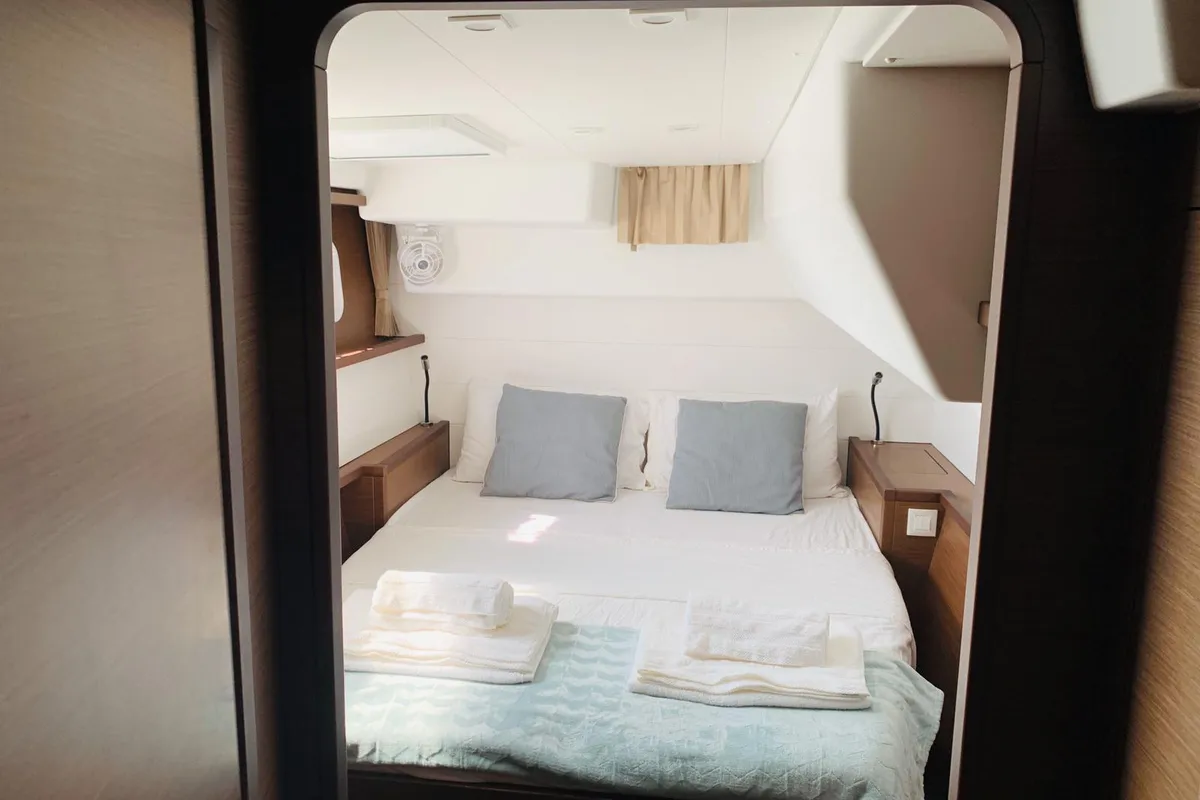 Cabin on Rivincita, a Lagoon 450 catamaran at Olbia, Italy
