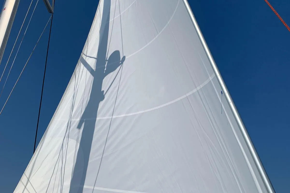 Exterior view of Rivincita, a Lagoon 450 catamaran at Olbia, Italy