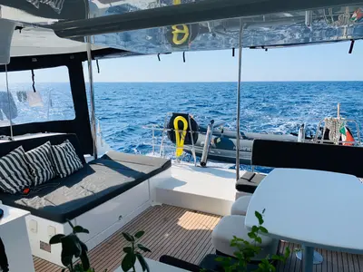 Deck of Rivincita, a Lagoon 450 catamaran at Olbia, Italy