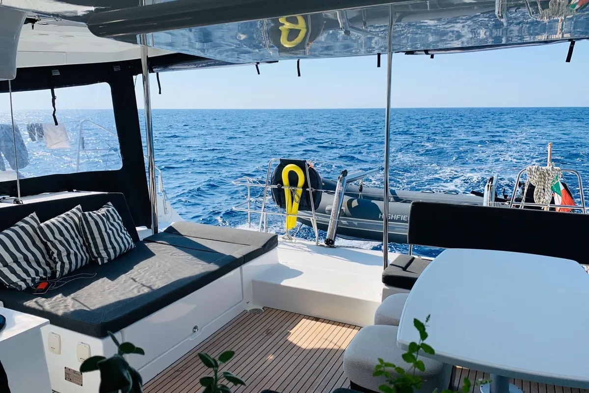 Deck of Rivincita, a Lagoon 450 catamaran at Olbia, Italy