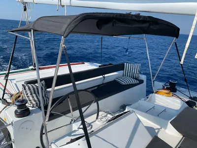 Cockpit of Rivincita, a Lagoon 450 catamaran at Olbia, Italy