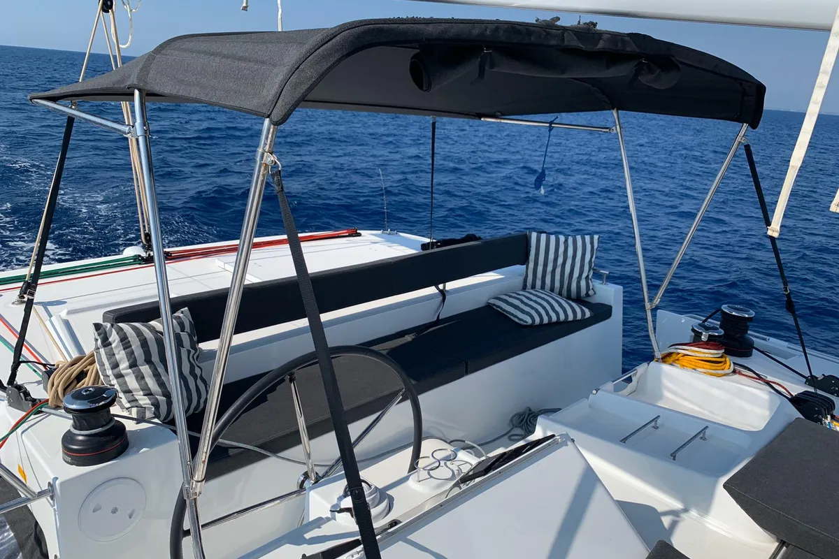 Cockpit of Rivincita, a Lagoon 450 catamaran at Olbia, Italy
