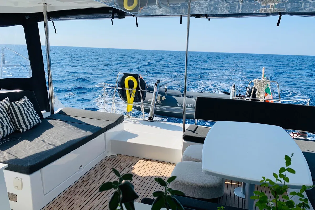 Deck of Rivincita, a Lagoon 450 catamaran at Olbia, Italy