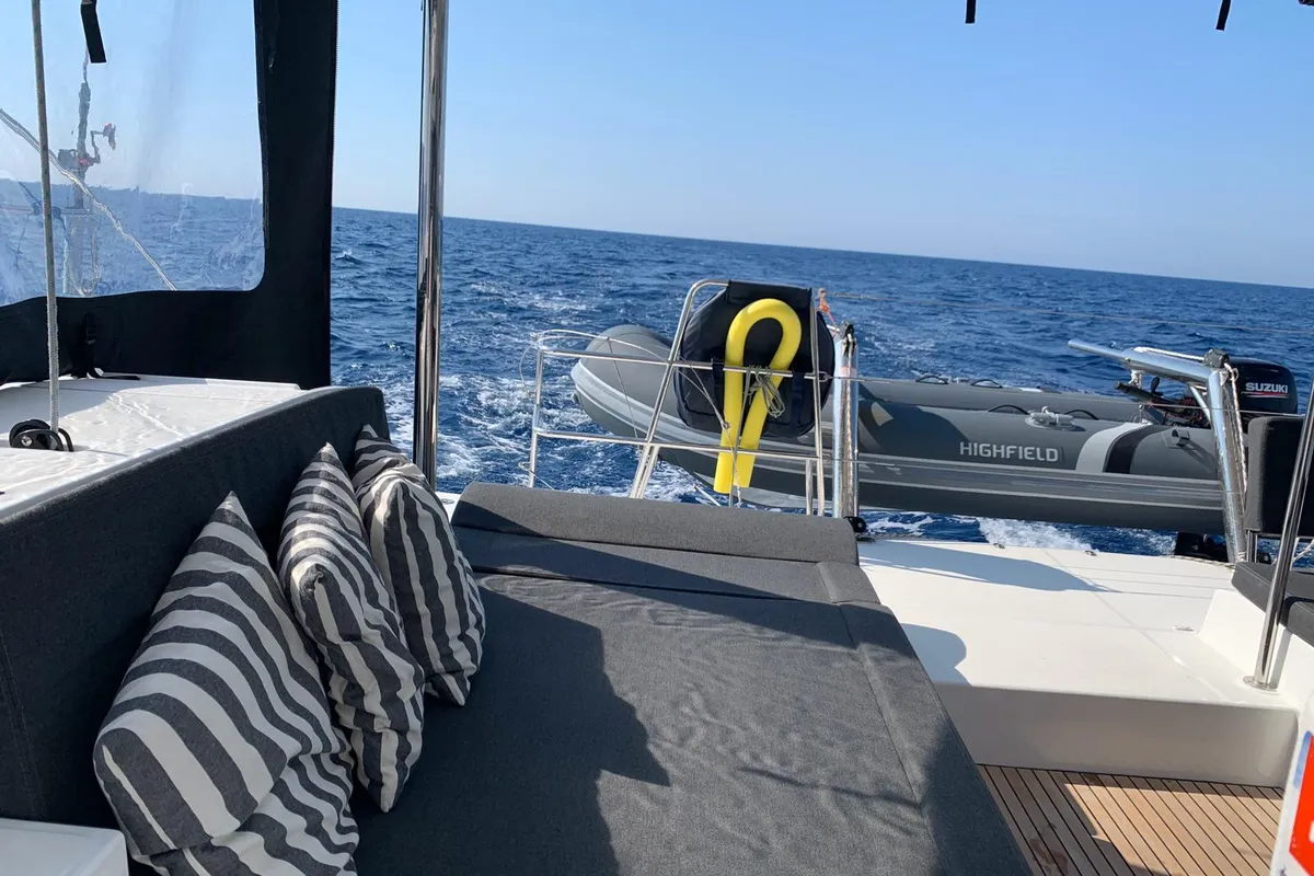 Deck of Rivincita, a Lagoon 450 catamaran at Olbia, Italy