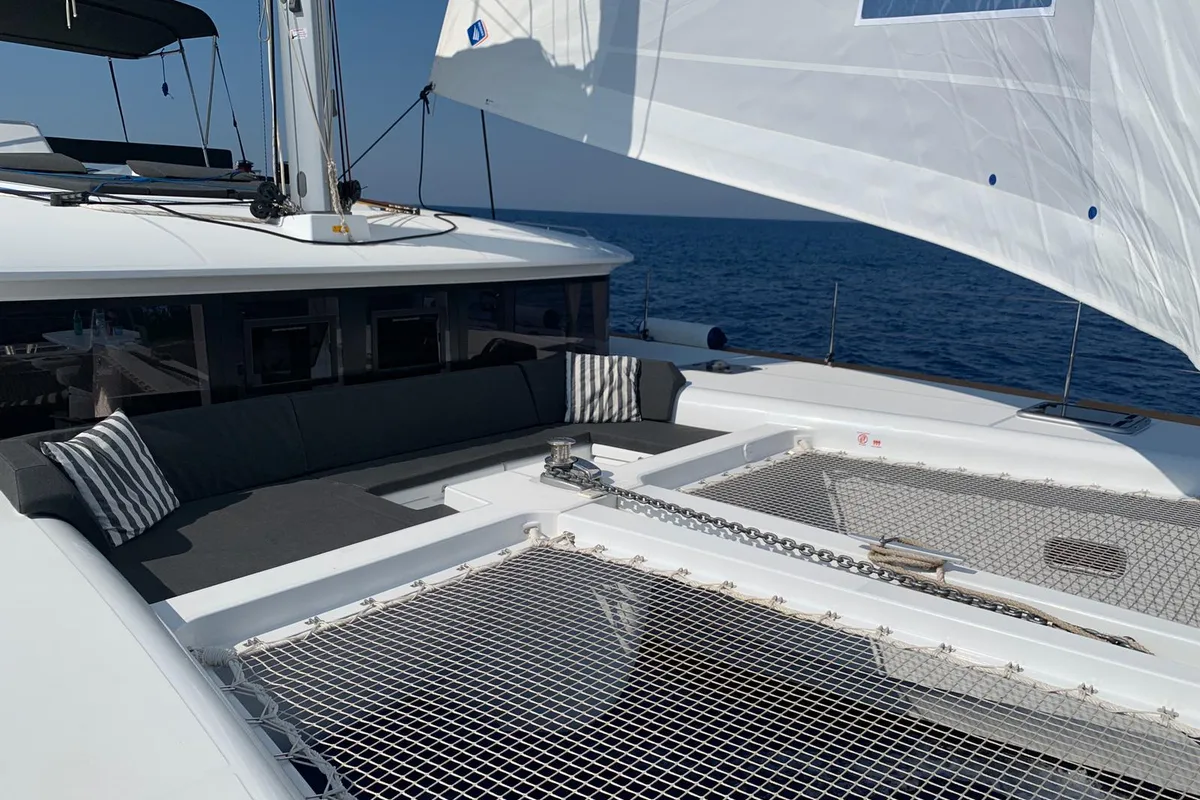 Deck of Rivincita, a Lagoon 450 catamaran at Olbia, Italy