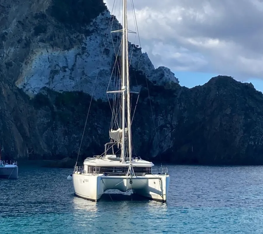 Exterior view of Rivincita, a Lagoon 450 catamaran at Olbia, Italy