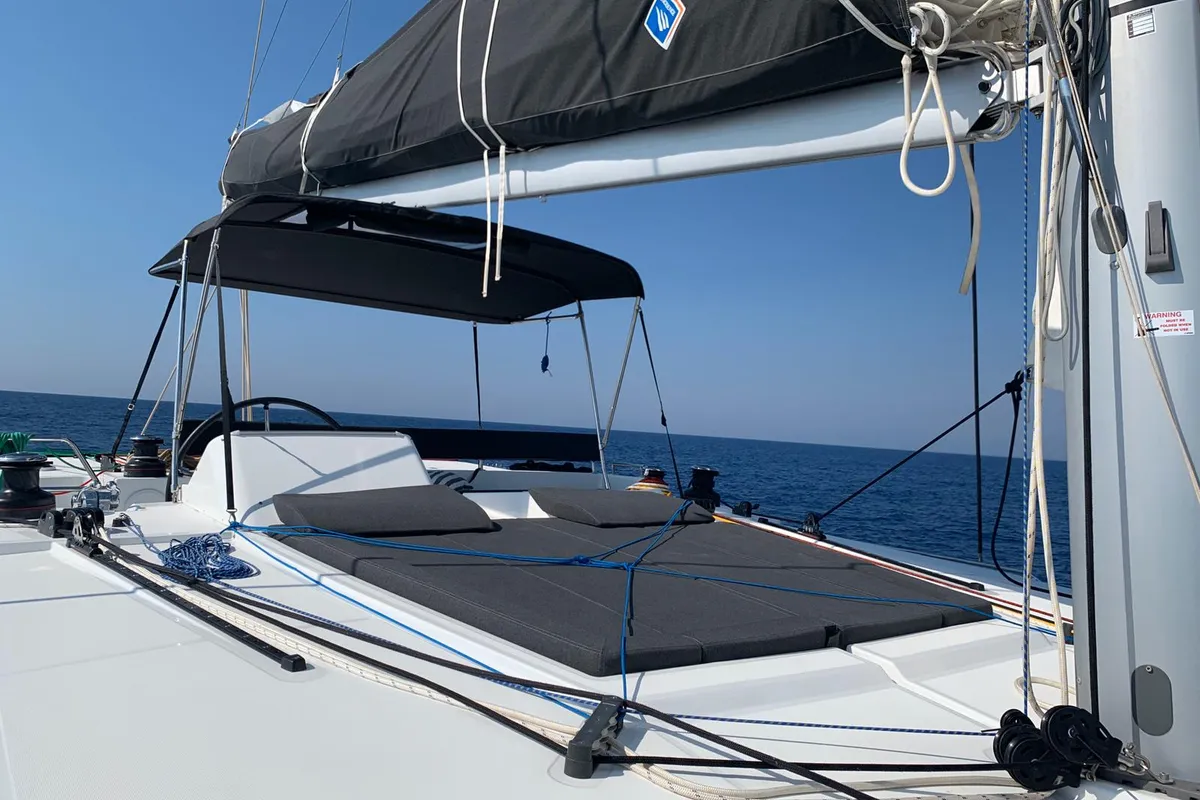 Deck of Rivincita, a Lagoon 450 catamaran at Olbia, Italy