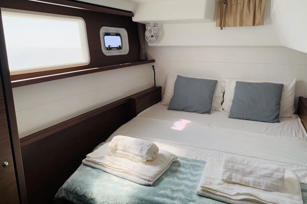 Cabin on Rivincita, a Lagoon 450 catamaran at Olbia, Italy