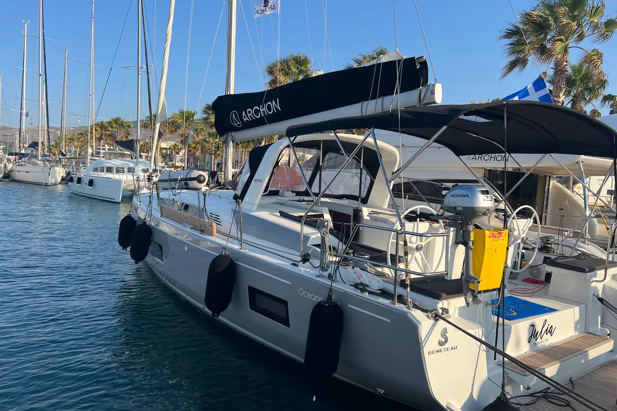 Exterior view of Julia, a Beneteau Oceanis 46.1 sailboat at Municipal Unit of Rhodes, Greece