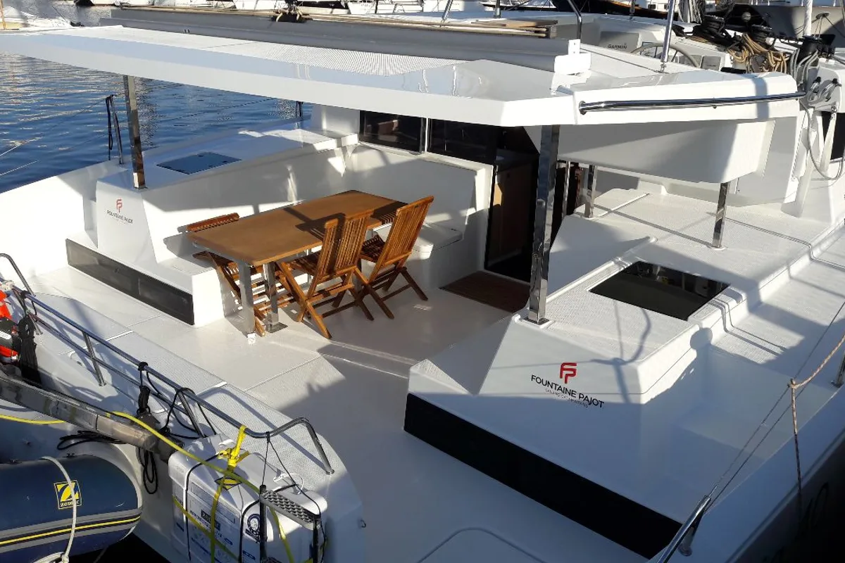 Deck of Ginesta, a Fountaine Pajot Lucia 40 catamaran at Palamós, Spain