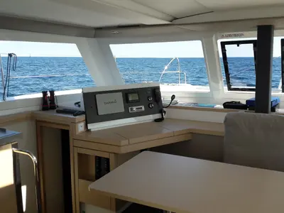 Cockpit of Ginesta, a Fountaine Pajot Lucia 40 catamaran at Palamós, Spain