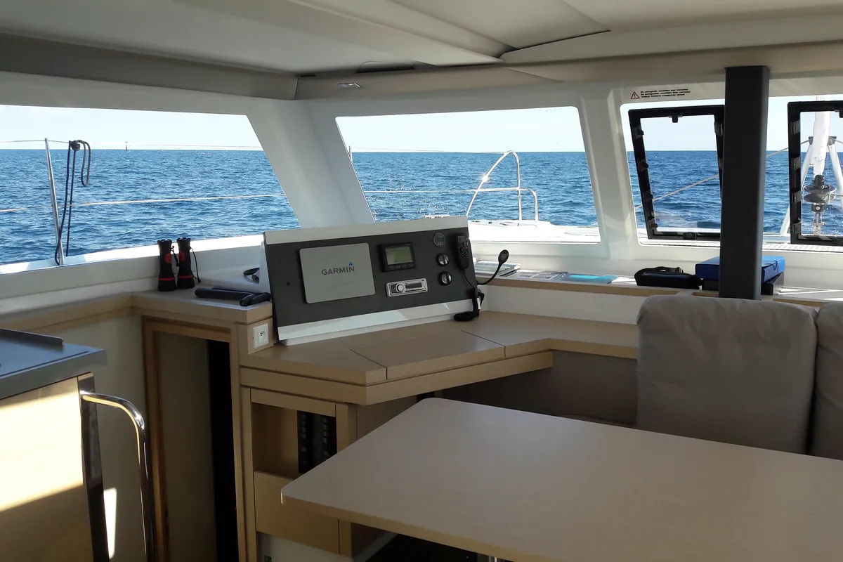 Cockpit of Ginesta, a Fountaine Pajot Lucia 40 catamaran at Palamós, Spain