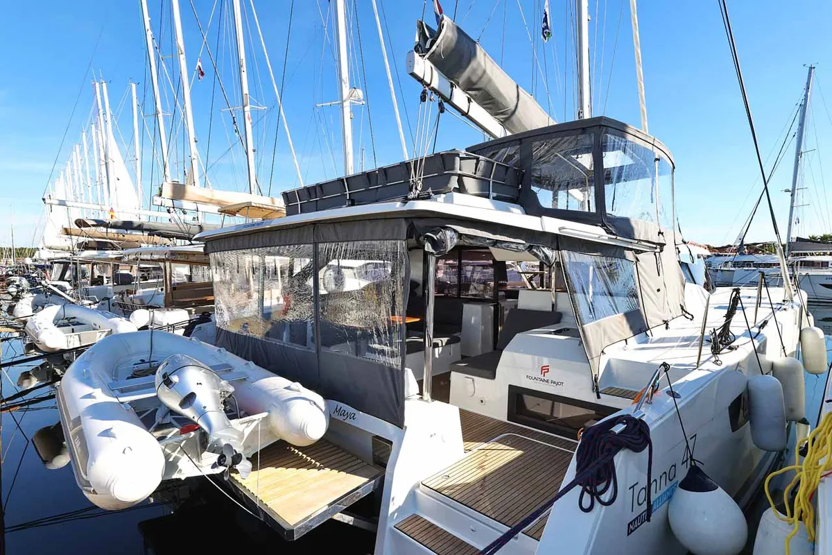 Exterior view of Maya I, a Fountaine Pajot Tanna 47 catamaran at Grad Biograd na Moru, Croatia
