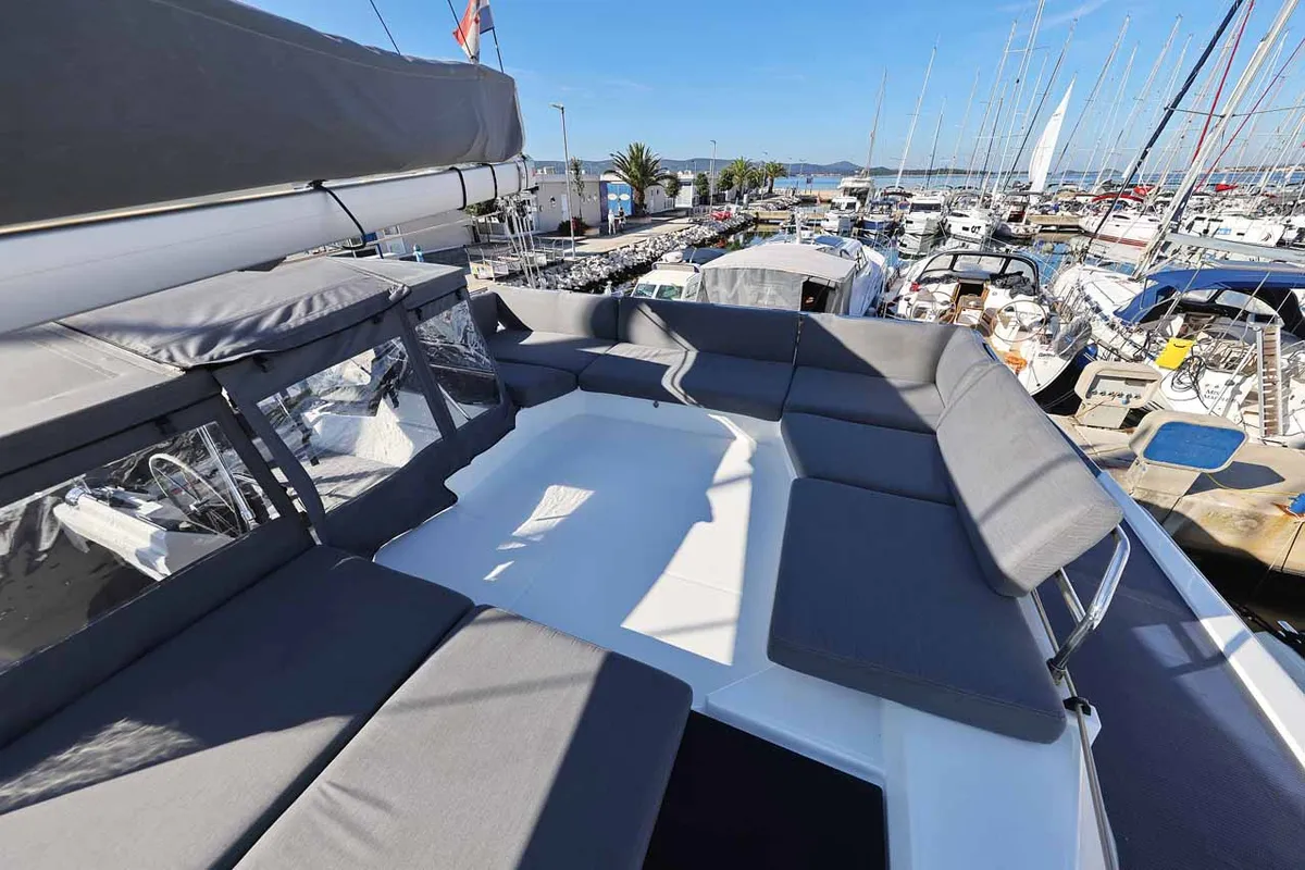 Deck of Maya I, a Fountaine Pajot Tanna 47 catamaran at Grad Biograd na Moru, Croatia