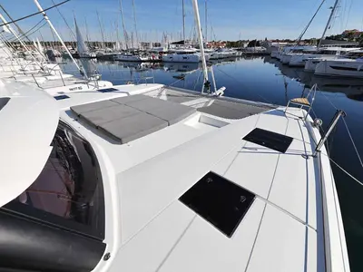 Deck of Maya I, a Fountaine Pajot Tanna 47 catamaran at Grad Biograd na Moru, Croatia