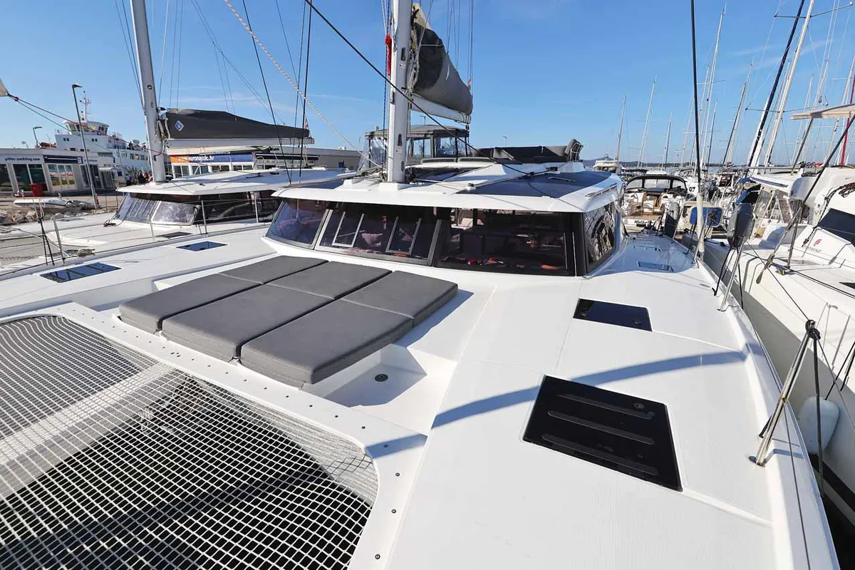 Deck of Maya I, a Fountaine Pajot Tanna 47 catamaran at Grad Biograd na Moru, Croatia