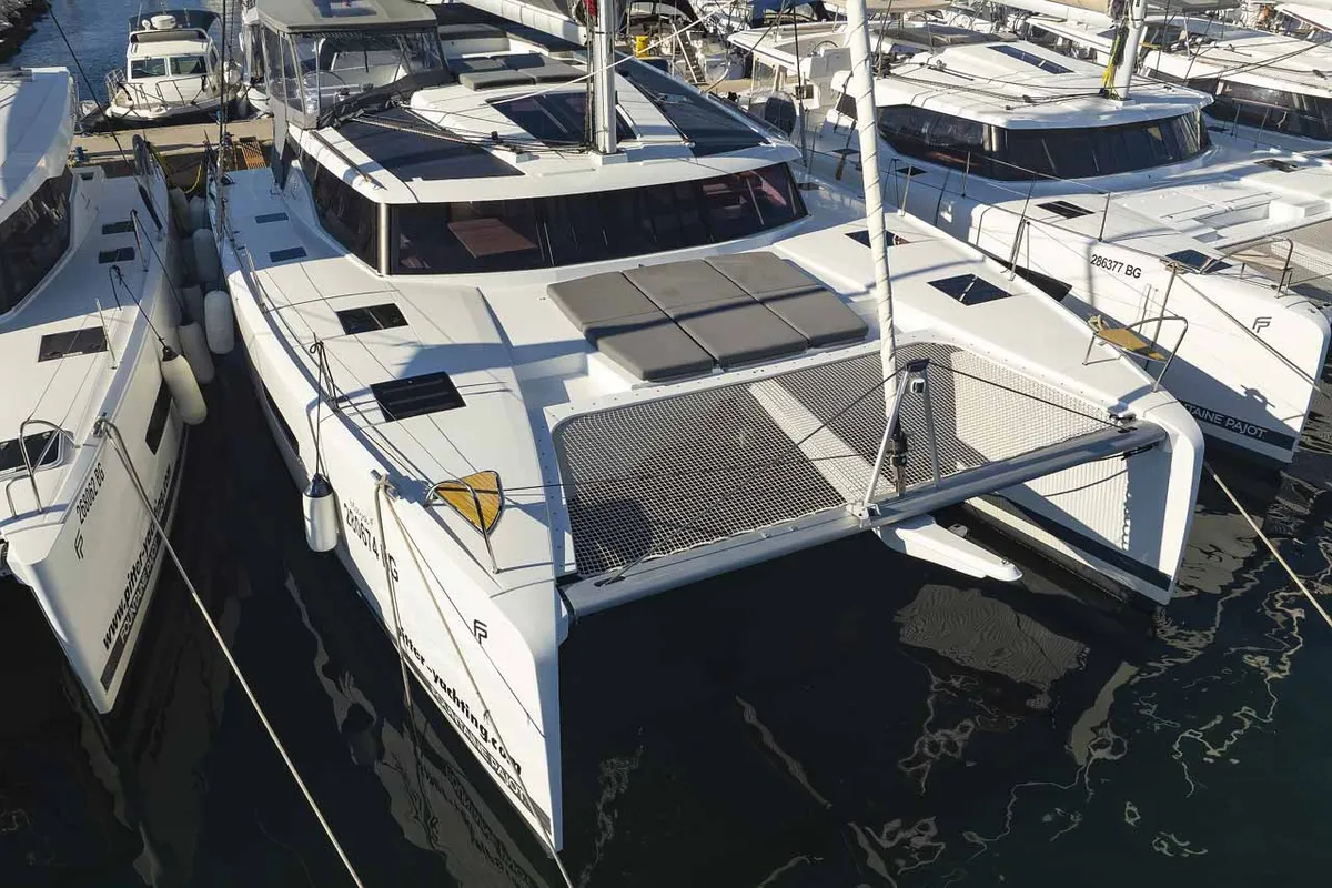 Exterior view of Maya I, a Fountaine Pajot Tanna 47 catamaran at Grad Biograd na Moru, Croatia