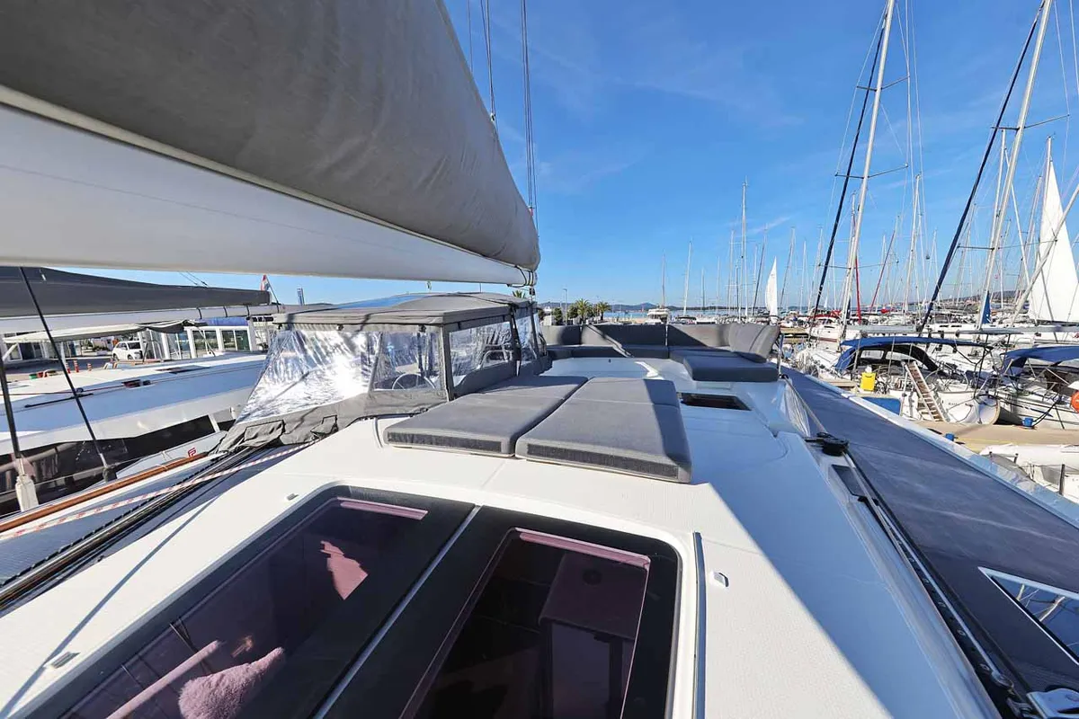 Deck of Maya I, a Fountaine Pajot Tanna 47 catamaran at Grad Biograd na Moru, Croatia