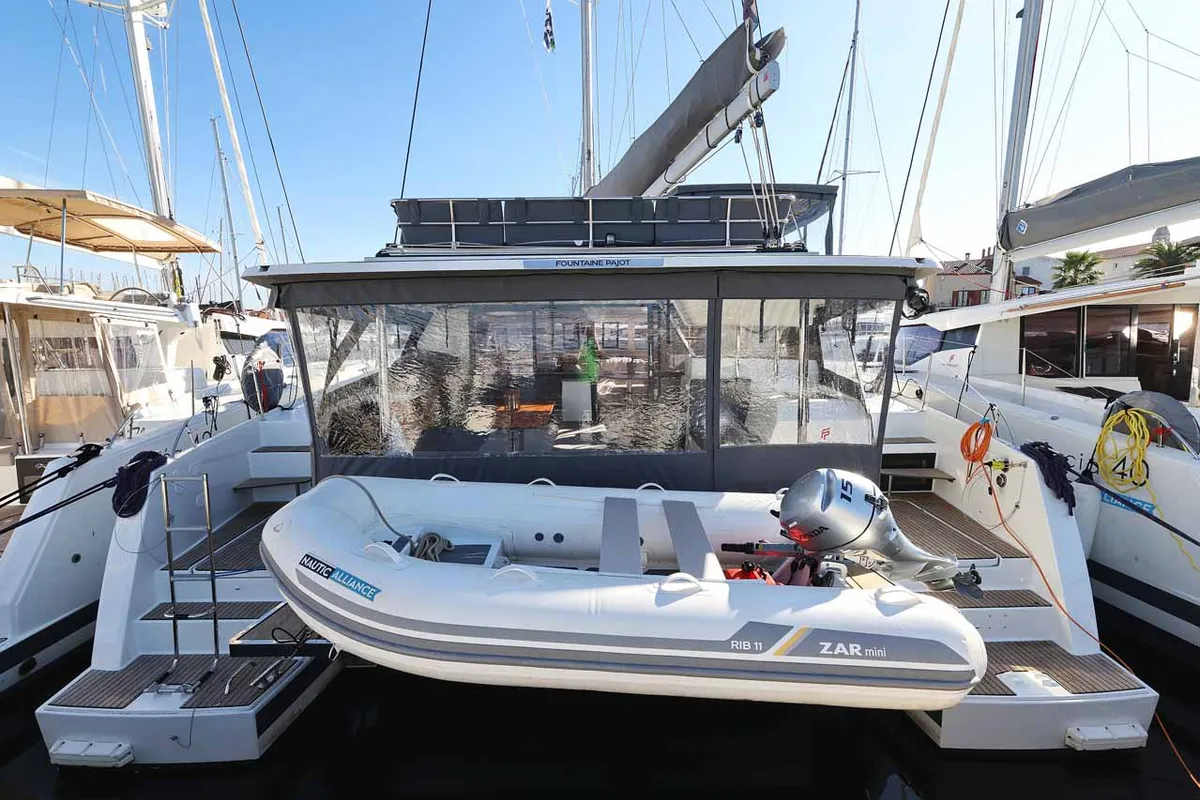 Exterior view of Maya I, a Fountaine Pajot Tanna 47 catamaran at Grad Biograd na Moru, Croatia