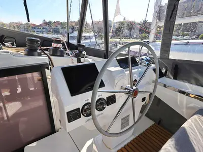 Cockpit of Maya I, a Fountaine Pajot Tanna 47 catamaran at Grad Biograd na Moru, Croatia