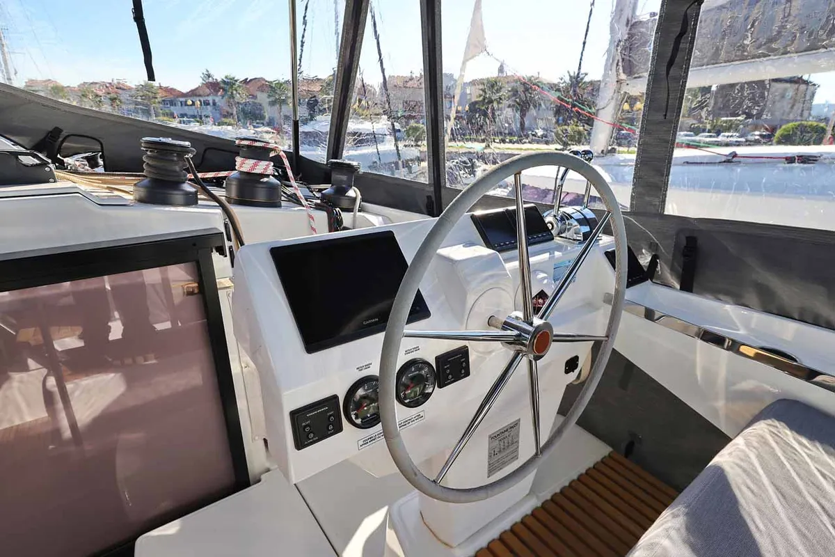 Cockpit of Maya I, a Fountaine Pajot Tanna 47 catamaran at Grad Biograd na Moru, Croatia