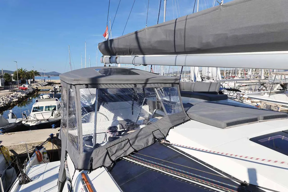 Deck of Maya I, a Fountaine Pajot Tanna 47 catamaran at Grad Biograd na Moru, Croatia