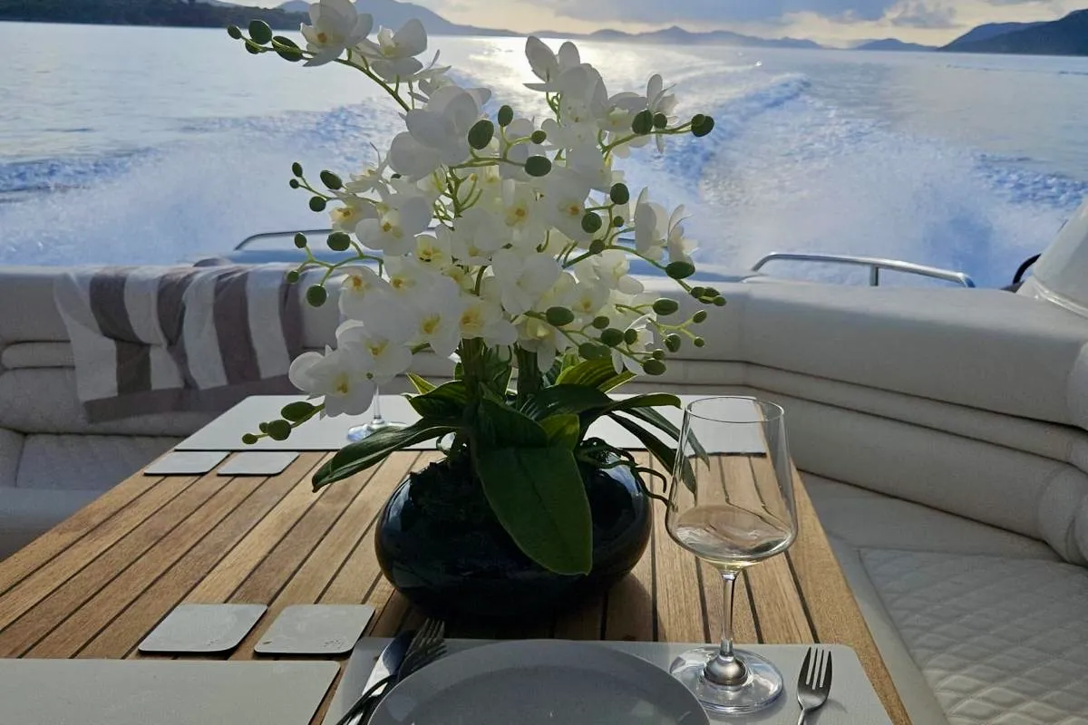 Deck of Polly, a Sunseeker Portofino 53 motorboat at Općina Rogoznica, Croatia