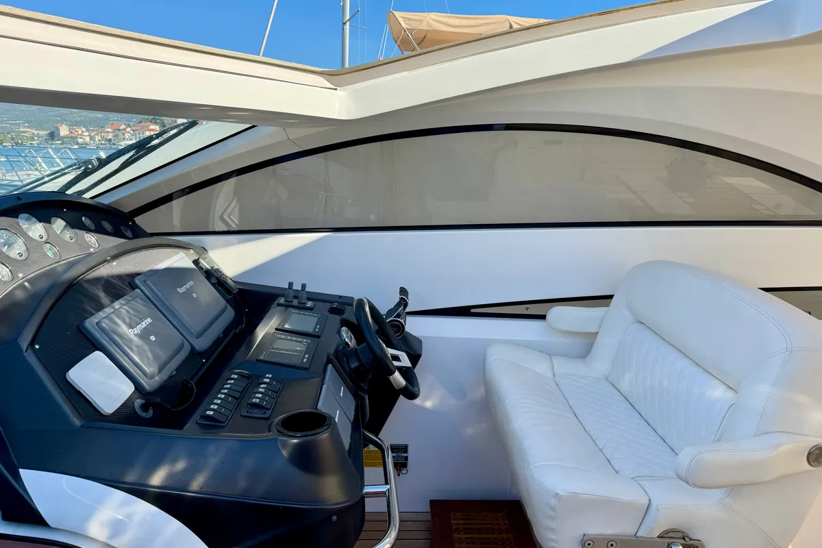 Cockpit of Polly, a Sunseeker Portofino 53 motorboat at Općina Rogoznica, Croatia