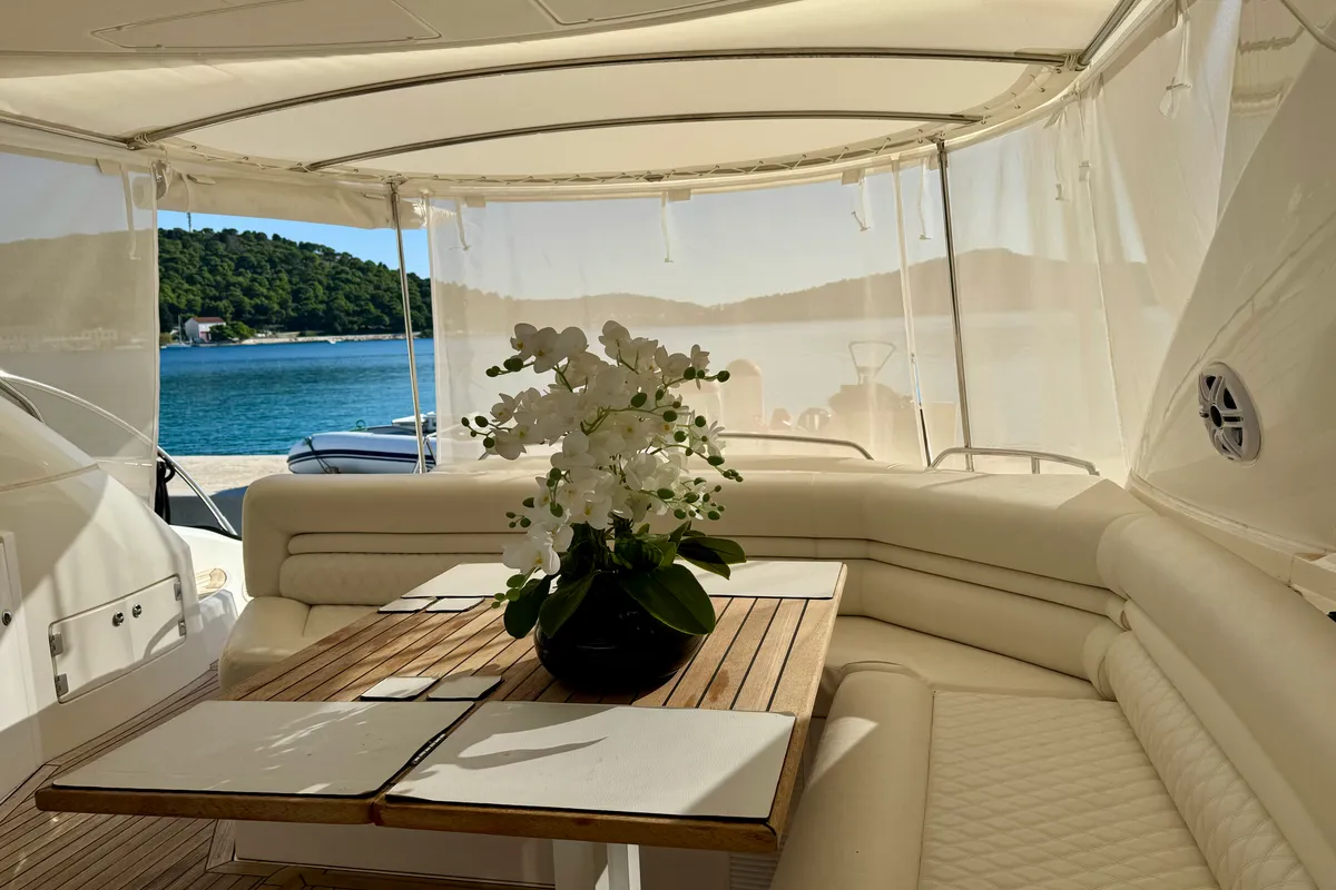 Deck of Polly, a Sunseeker Portofino 53 motorboat at Općina Rogoznica, Croatia
