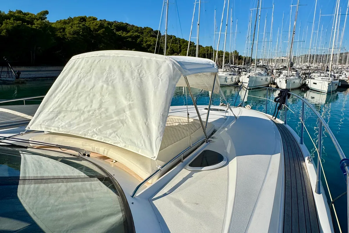 Deck of Polly, a Sunseeker Portofino 53 motorboat at Općina Rogoznica, Croatia