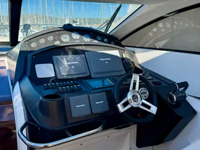 Cockpit of Polly, a Sunseeker Portofino 53 motorboat at Općina Rogoznica, Croatia