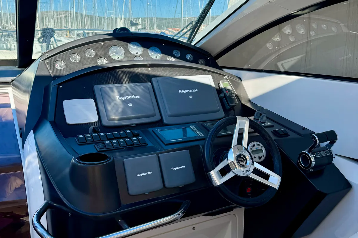 Cockpit of Polly, a Sunseeker Portofino 53 motorboat at Općina Rogoznica, Croatia