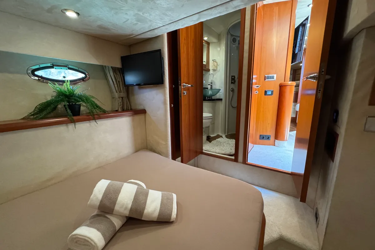 Cabin on Polly, a Sunseeker Portofino 53 motorboat at Općina Rogoznica, Croatia
