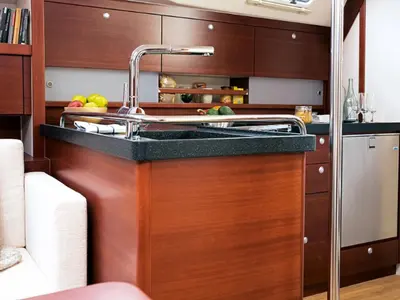 Galley of Ianira, a Hanse 470 sailboat at Thira, Greece