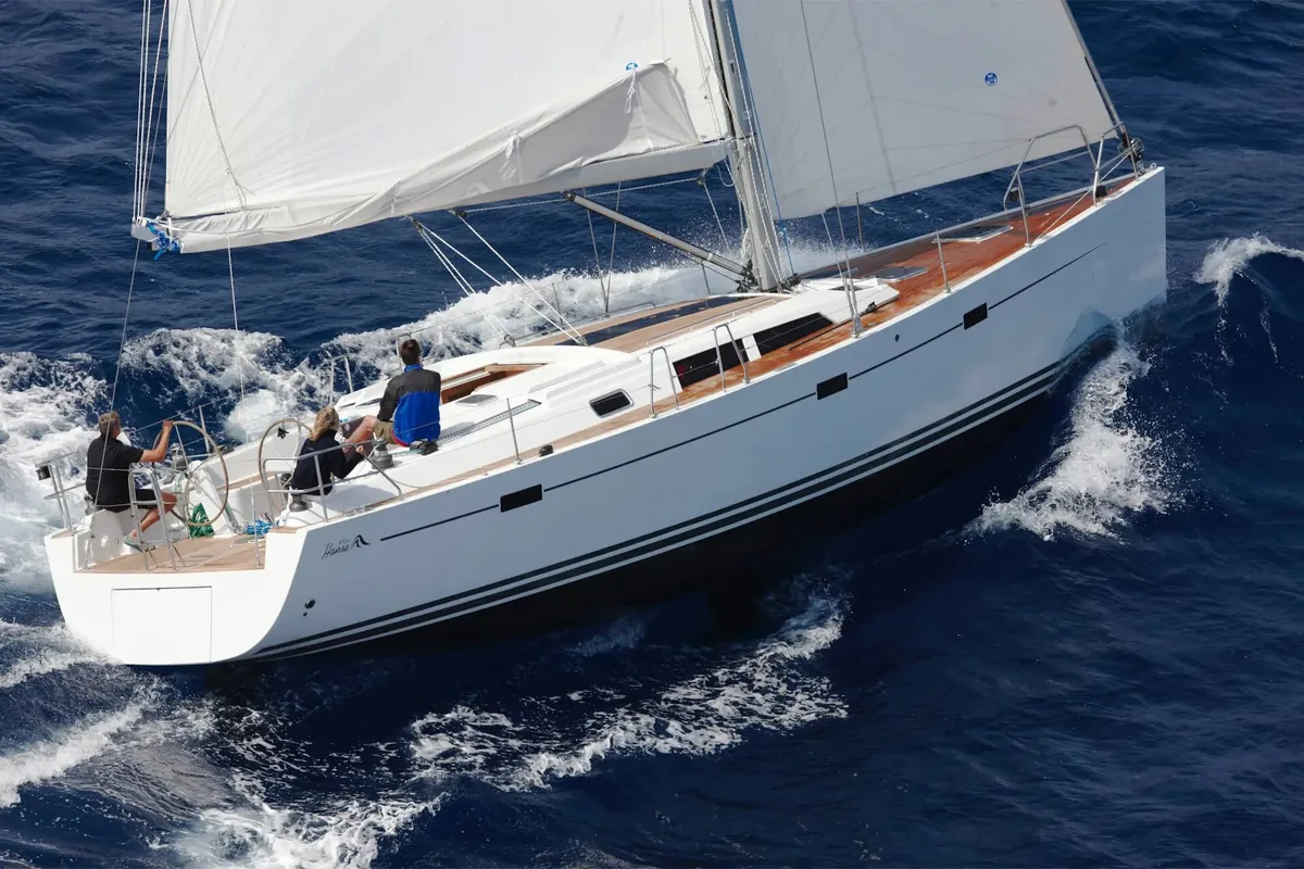 Exterior view of Ianira, a Hanse 470 sailboat at Thira, Greece
