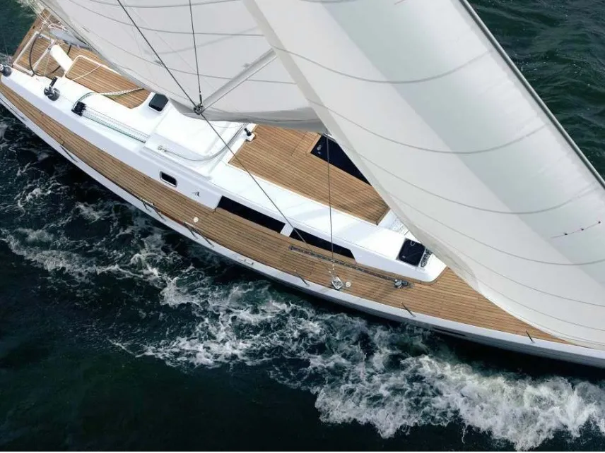 Exterior view of Ianira, a Hanse 470 sailboat at Thira, Greece