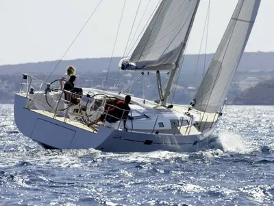 Exterior view of Ianira, a Hanse 470 sailboat at Thira, Greece