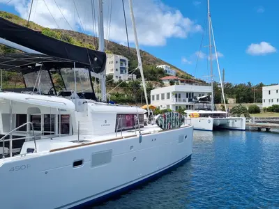 Exterior view of Sea Runner IV, a Lagoon 450 catamaran at Parham Town, British Virgin Islands