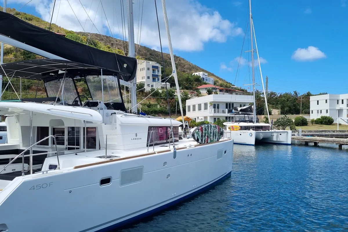 Exterior view of Sea Runner IV, a Lagoon 450 catamaran at Parham Town, British Virgin Islands