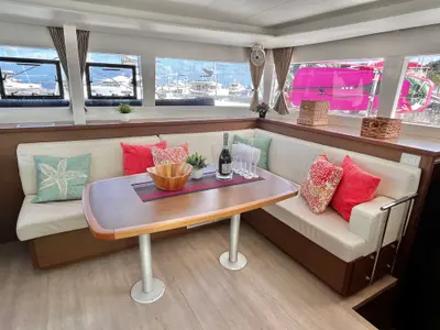 Salon of Sea Runner IV, a Lagoon 450 catamaran at Parham Town, British Virgin Islands