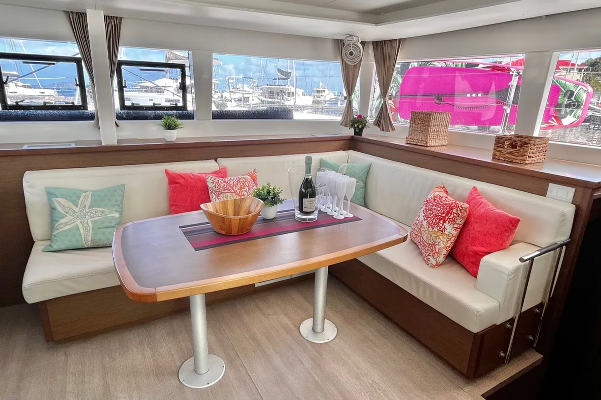 Salon of Sea Runner IV, a Lagoon 450 catamaran at Parham Town, British Virgin Islands