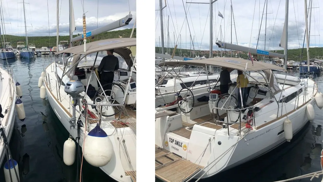 Exterior view of Top Smile, a Jeanneau Sun Odyssey 449 sailboat at Punat, Croatia