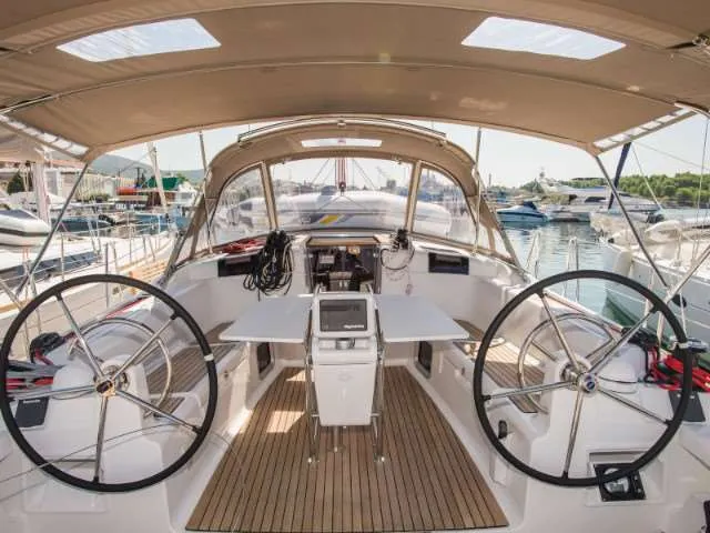 Exterior view of Top Smile, a Jeanneau Sun Odyssey 449 sailboat at Punat, Croatia