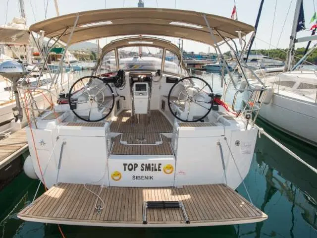 Deck of Top Smile, a Jeanneau Sun Odyssey 449 sailboat at Punat, Croatia
